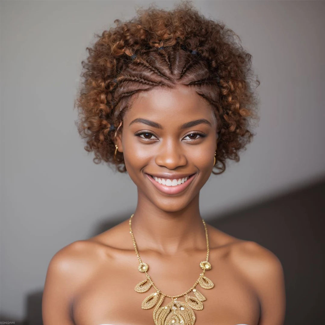 13x4 Lace Frontal Natural Black Afro Curly Human Hair with Braids for Black Women 6 Inches 100% Remy Hair Brazilian Hair Wig