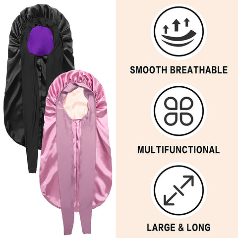 Extra Large Hair Long Silk Bonnet Cap With Elastic Satin Hair Band Comfortable Head Cover Night Sleep Hat For Sleeping Shower