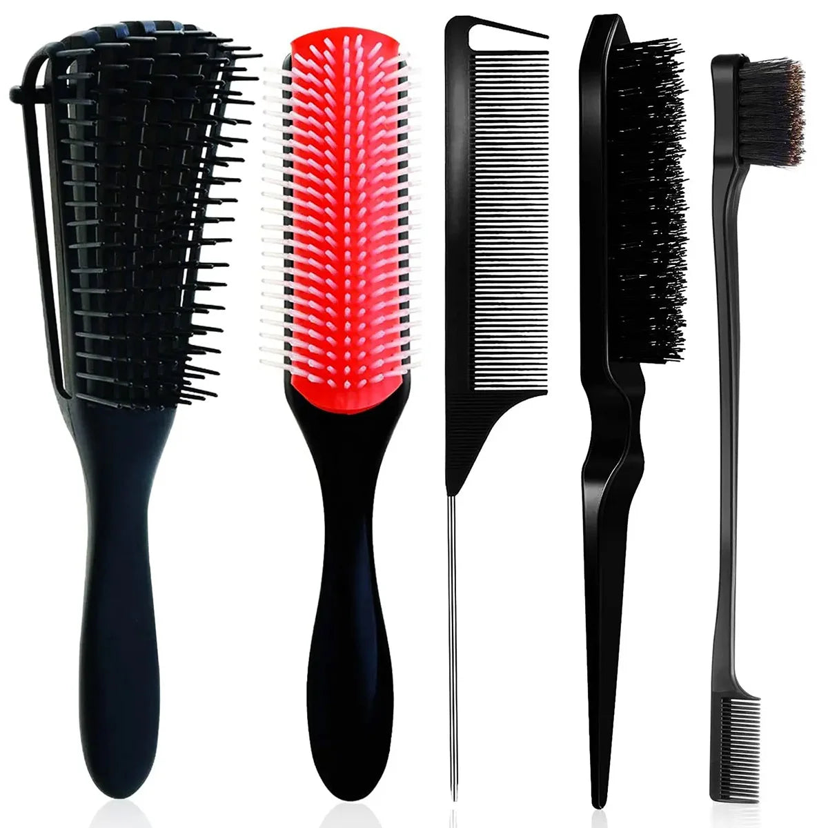 New 5-Piece Hair Styling Tools Kit Curly/Normal with Octopus Brush Detangler Combs Tail Comb Edge Brush and Bristle Brush Unisex