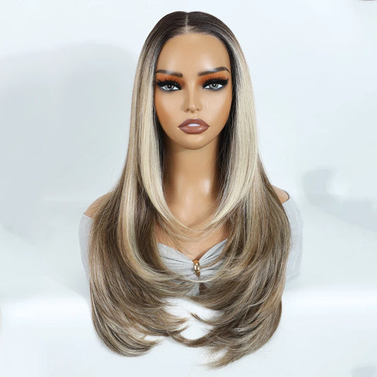 Synthetic Lace Front Wigs For Black Woman Layered Straight Wear and Go Glueless Wigs Ombre Brown T Part & 6x4 Pre Plucked Wig