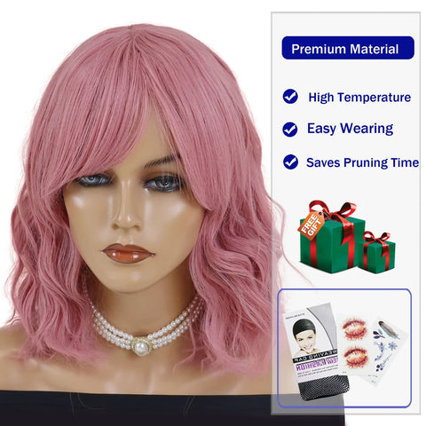 Natural Synthetic Hair Pink Short Wavy Wig for Women Curly Wigs with Bangs Water Wave Girls Cosplay Party Halloween Costume Wig