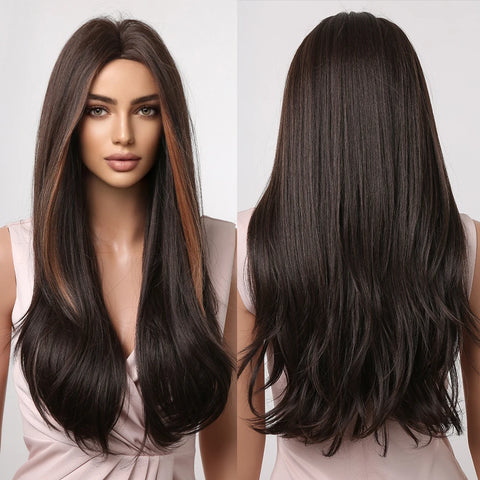 Long Straight Layered Synthetic Wig Ash Blond highlights with Bang for Women Christmas Party Daily Use Heat Resistant Fiber