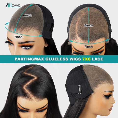 Allove 7X6 Real Glueless Straight Lace Front Wig Ready To Go Natural Color Brazilian 100% Human Hair Easy For Women