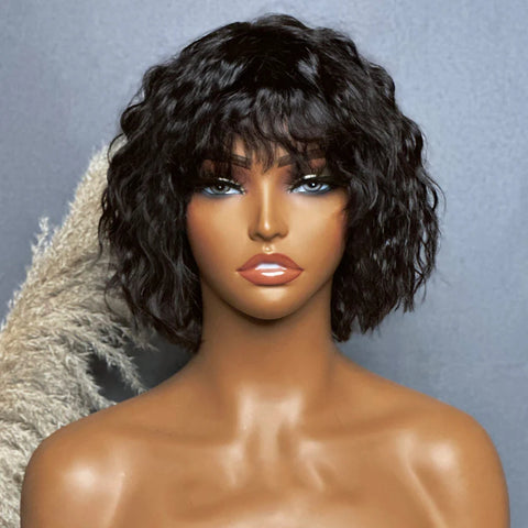 Water Wavy Short BoB Human Hair Wigs Pixie Cut 13x4 Lace Front Wigs with Bangs Pre Plucked Brazilian Hair Curly Wig for Women