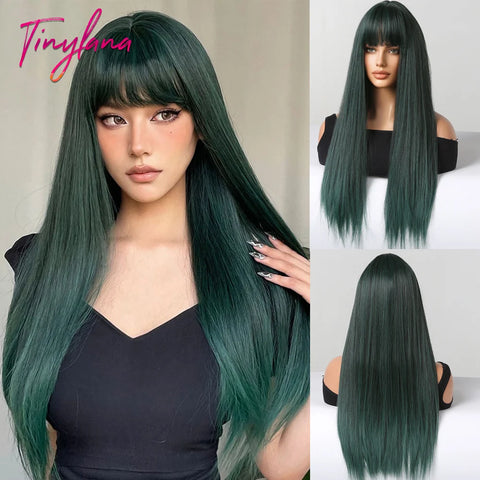 Long Straight Silver Ash Gray Synthetic Wigs Lolita Cosplay Natural Hair with Bangs for White Women Party Daily Heat Resistant