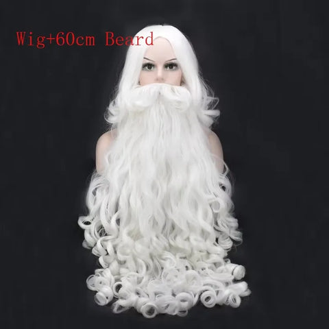 Christmas Cosplay Wig Beard Santa Claus White Curly Long Synthetic Hair Adult Halloween Cosplay Costume Gift Role Play +Wig Cap