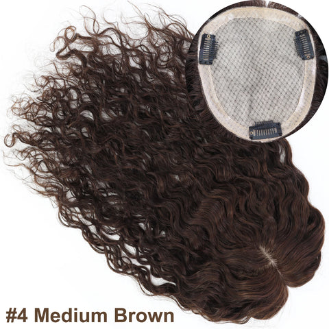 15x17CM Real Breathable Silk Base Topper Human Hair Curly Hand Tied Silk Top Toupee Virgin Hair Piece with Clips in for Women