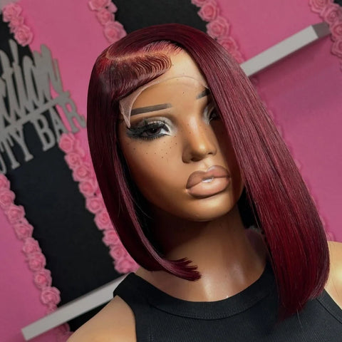 200% 8-18 Inches 99J Burgundy Short Straight Bob Wig 13x4 Transparent Lace Frontal Wigs Pre Plucked With Baby Hair Wine Red