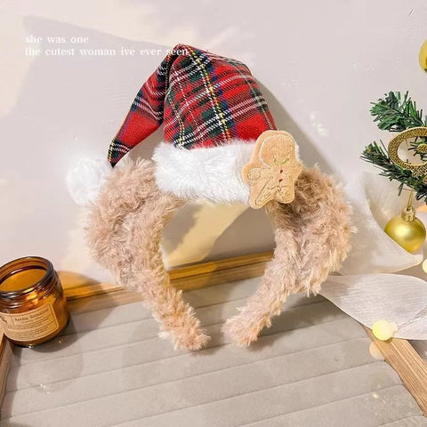 1 senior Christmas plush teddy bear headband with red and green plaid bow, Christmas hat and scarf, winter celebration