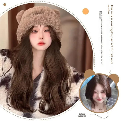 Women's Integrated Long Hair Wig Hat Autumn Winter New Popular Bear Ear Cap Full Head Cover Natural Looking Fiber Hair Extension