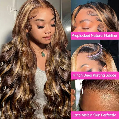 P4/27 Highlight Ombre Brown Body Wave 13x6 Human Hair Wig Honey Blonde Colored 13x4 HD Lace PrePlucked 40 46 Inch Wigs For Women