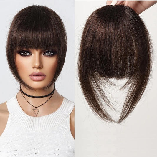 Clip in Bangs 100% Human Hair Bangs Thick French Natural Black Brown Hair Bangs with Temples Clip on Fringe Hairpieces for Women