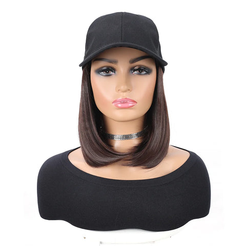 Baseball Cap with Synthetic Hair Extensions Straight Short Bob Hairstyle Adjustable Removable Wig Hat 10 inch for Woman Girl