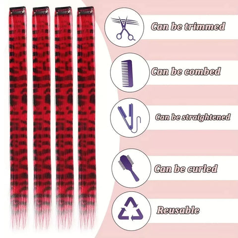 Stripe Printed Hair Colorful Long Straight Hair Pieces Synthetic Clip-in Hair Extensions for Daily Use Party Halloween
