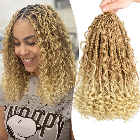 8 Packs Synthetic 12 Inch Goddess Box Braids Crochet Hair Boho Box Braids With Curl Ends Hair Extensions for Women Black