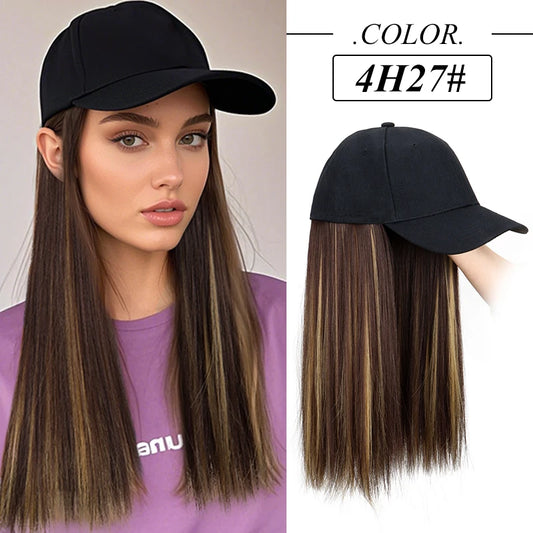 Synthetic Hat Wig with Long Straight Black Hair Baseball Cap Hair Extension Stylish & Convenient All-in-One Design for Women