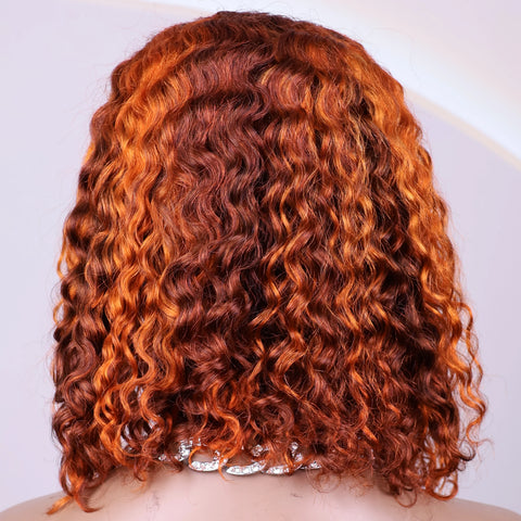 4/350 Highlight Color Short Bob Wigs Water Wave 13x4 Lace Frontal Wigs Brazilian Human Hair Deep Curly Wigs Ombre Ginger Color