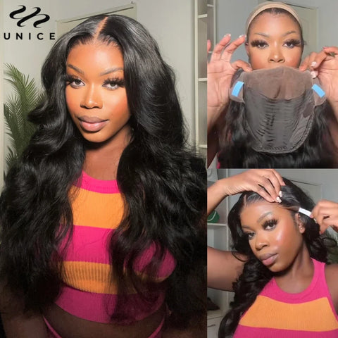 UNICE Hair Drawstring 13x4 Lace Frontal Human Hair Wig Pre Cut Pre Bleached Peel & Stick Body Wave Lace Front Wig 150% Density