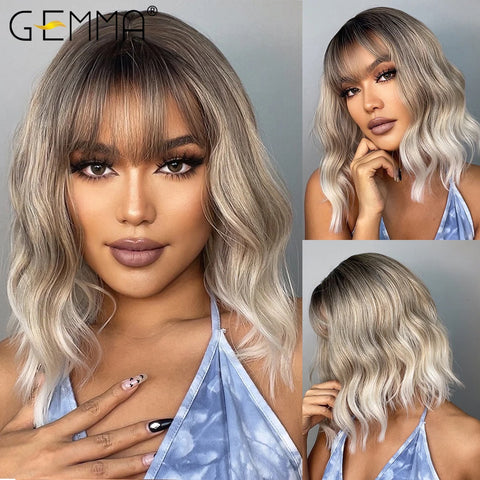 GEMMA Dark Brown BoBo Synthetic Wig with Bangs Shoulder Length Straight Wig for Women Cosplay Daily Hair Wig Heat Resistant Fibr