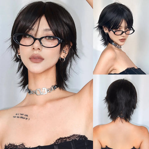 Pixie Cut Wigs for Women Natural Synthetic Short Black Layered Hair Wig with Fluffy Bangs Afro Daily Heat Resistant