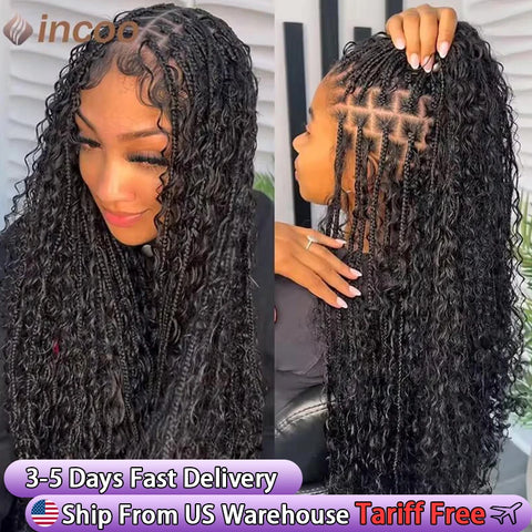 Boho Box Braided Wigs Curly Hair Synthetic Full Lace Front Wigs for Black Women Goddess Locs Braid Wig Bohemian Box Braid Wig