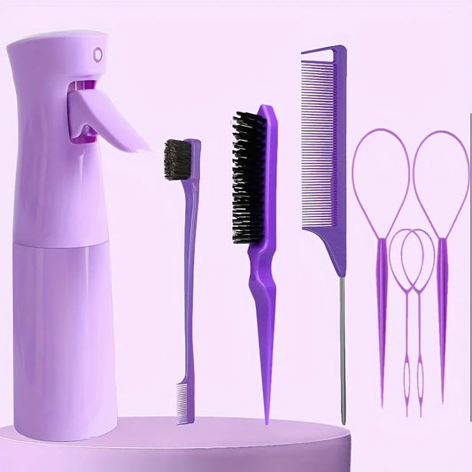 8-piece hair styling set, 6.76 oz spray bottle and nylon hair brush, mouse tail comb, edge control hair brush and hair tail tool