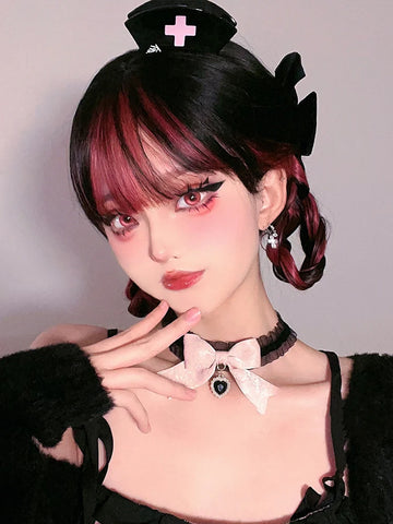 FOELISEE Synthetic 23inch Wig With Bangs Long Straight Black Highlight Red Wig For Women Cosplay Party Christmas Wig