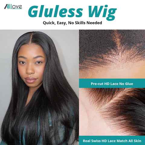 Allove 7X6 Real Glueless Straight Lace Front Wig Ready To Go Natural Color Brazilian 100% Human Hair Easy For Women