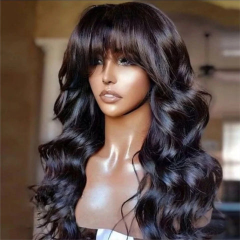 Long Body Wave Human Hair Wigs With Bangs Full Machine Made Wigs Natural Color Glueless Brazilian Human Hair None Lace Wigs