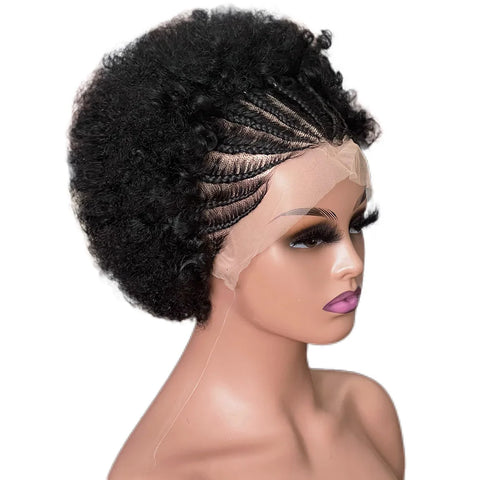 13x4 Lace Frontal Natural Black Afro Curly Human Hair with Braids for Black Women 6 Inches 100% Remy Hair Brazilian Hair Wig