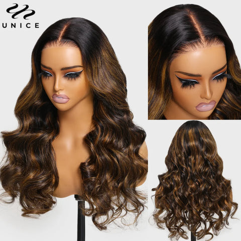 UNICE Hair Upgrade Drawstring Balayage Body Wave Wig 7x5 Pre Cut Pre Bleached Lace Front Human Hair Glueless Wig 150% Density