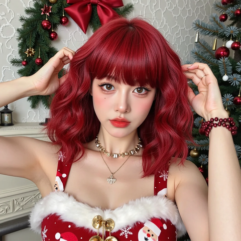 Christmas Short Curly Wavy Burgundy Wine Red Synthetic Wig Lolita Hair Wig with Bangs for Women Cosplay Party use Heat Resistant