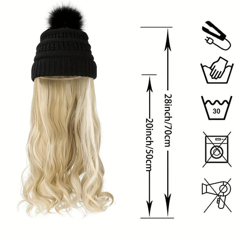 20inch Long Water Wavy Synthetic Hairpiece Beanie Hat - Woven Wigs with Knit Pom Cap and Warm Winter Design - Soft, Detachable,
