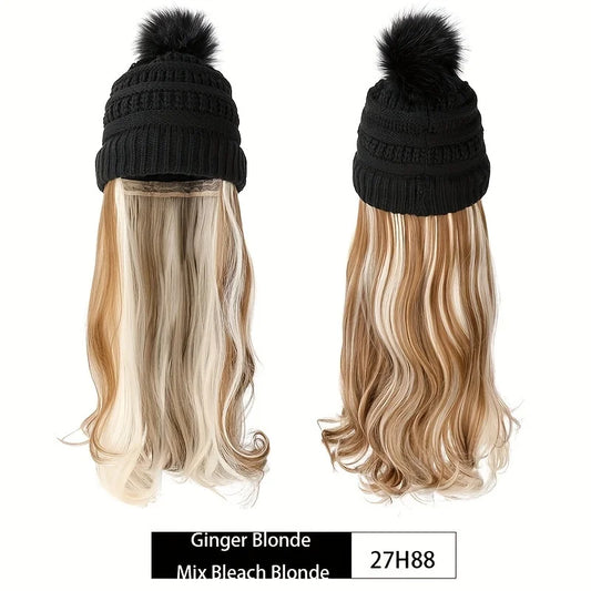 20inch Long Water Wavy Synthetic Hairpiece Beanie Hat - Woven Wigs with Knit Pom Cap and Warm Winter Design - Soft, Detachable,