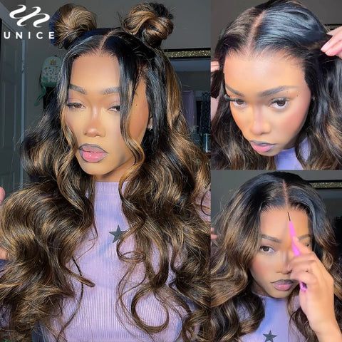 UNICE Hair Upgrade Drawstring Balayage Body Wave Wig 7x5 Pre Cut Pre Bleached Lace Front Human Hair Glueless Wig 150% Density