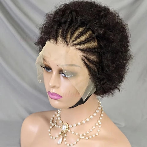 13x4 Lace Front Afro Short Curly Wig Human Hair Precolored Front Braided Afro Curly Human Hair Wig Brazilian Bouncy Curly Hair