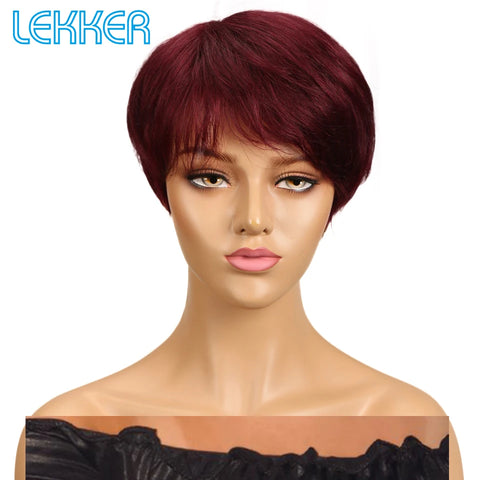 Lekker Colored Short Pixie Cut Straight Bob 100% Human Hair Wigs With Bangs For Women Brazilian Remy Hair Burgundy Red Daily Wig