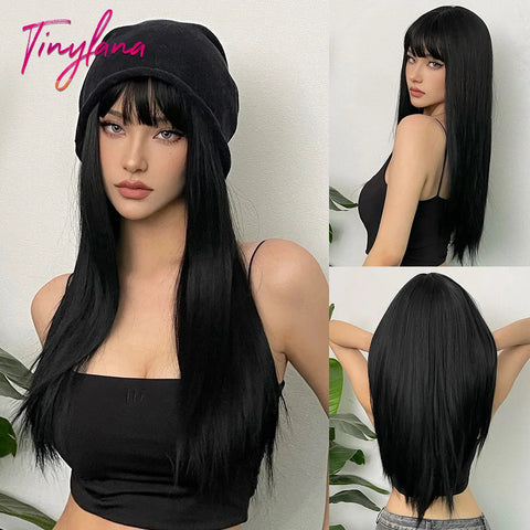 Long Straight Silver Ash Gray Synthetic Wigs Lolita Cosplay Natural Hair with Bangs for White Women Party Daily Heat Resistant
