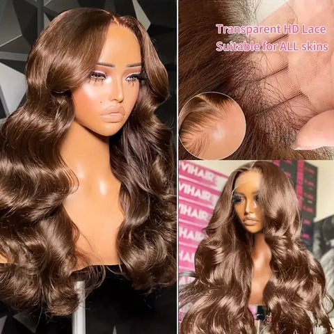 13x4 Chocolate Brown Body Wave Lace Front Wigs For Black Women Heat Resistant Fiber Reddish Brown Colored HD Lace Synthetic Wig