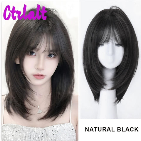 Shoulder Black Brown Layered Synthetic Natural Hair Wigs For Women Body Wave Daily Women's Wig with Curtain Bangs Heat Resistant