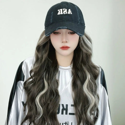 Long Straight Hat Wig for Women Natural Brown Wigs Connect Synthetic Baseball Cap Highlight Hair Hat Wig Adjustable Fake Hair
