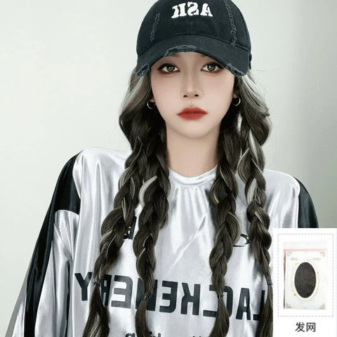 Long Straight Hat Wig for Women Natural Brown Wigs Connect Synthetic Baseball Cap Highlight Hair Hat Wig Adjustable Fake Hair