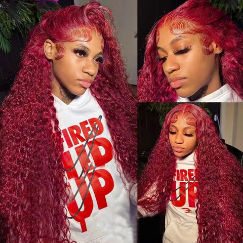 Burgundy Deep Wave 13x6 HD Lace Frontal Human Hair Wig 99J Color Curly Mari Red Lace Front Human Hair Wigs For Women 250 Density