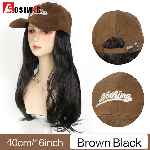 Long Wavy Synthetic Wig Baseball Rice White Cap With Hair Extensions Hat Wigs Natural Black Connect Wig Adjustable For Women