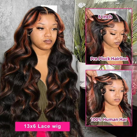 Mossily Ombre Highlight 13x4 Lace Front Wig Human Hair 1B/30 Black Brown Body Wave Wigs Transparent Lace Brazilian For Women