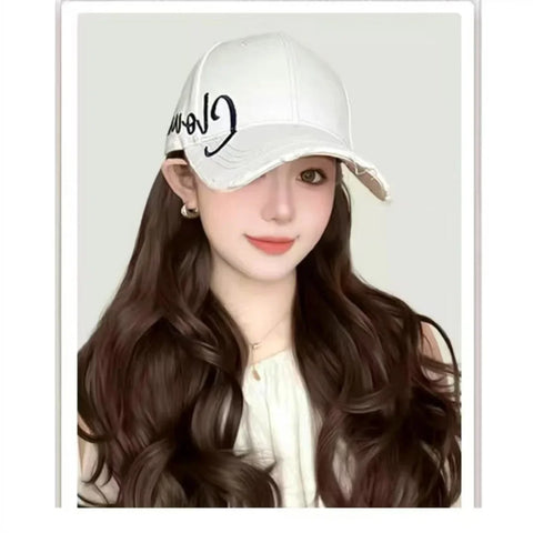 Korean Style Hat Wig Integrated Romantic Casual Face Slimming Long Curling Natural Comfortable Hair for Women