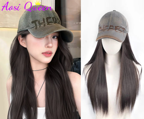 AOSI Long Wavy Wig Synthetic Wig Vintage Cowboy Hat Extensions Hat Wigs Cold Brown Adjustable Hairpiece for Women