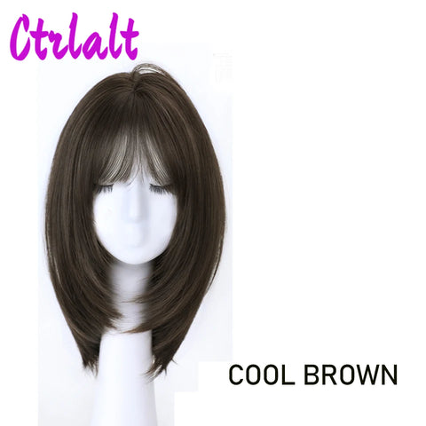 Shoulder Black Brown Layered Synthetic Natural Hair Wigs For Women Body Wave Daily Women's Wig with Curtain Bangs Heat Resistant