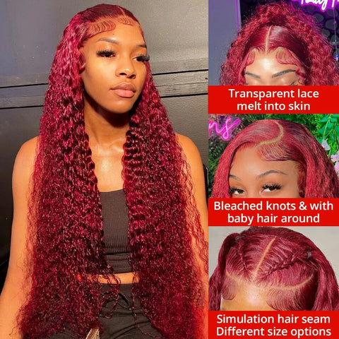 Burgundy Deep Wave 13x6 HD Lace Frontal Human Hair Wig 99J Color Curly Mari Red Lace Front Human Hair Wigs For Women 250 Density