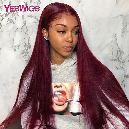13x6 Glueless Burgundy 99J Lace Front Wig Pre Plucked Brazilian Bleached Red Colored Straight Lace Frontal Wig 100% Human Hair